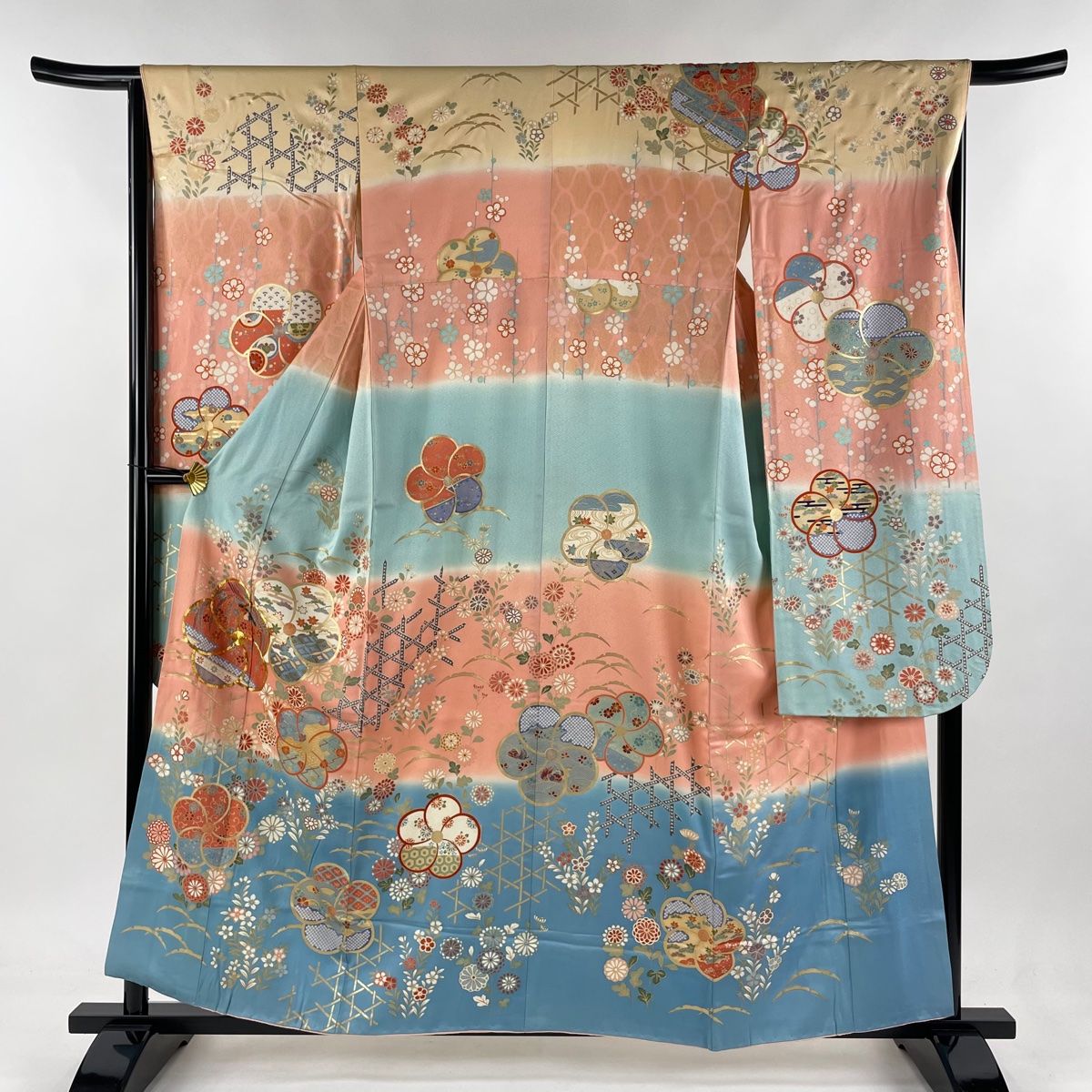 振袖 身丈157.5cm 裄丈65.5cm M 袷 ねじ梅 花鳥 金糸 金彩 水色 正絹  