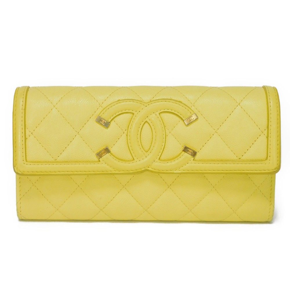 CHANEL シャネル ロング フラップ ウォレット パステル キャビアスキン 25番台 CC フィリグリー マトラッセ ココマーク ライトイエロー 長財布 A84448 CHANEL シャネル ロング フラップ ウォレット パステル キャビアスキン