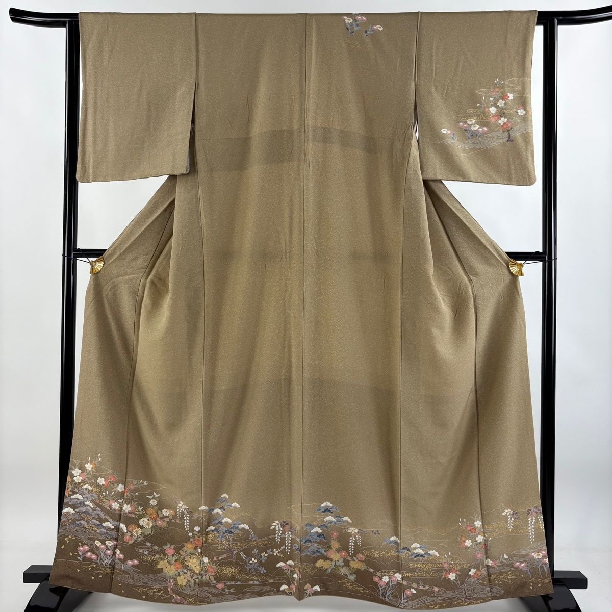 訪問着 身丈161cm 裄丈63cm S 袷 ますいわ屋 草花 波 金彩 金糸 茶色 正絹 秀品