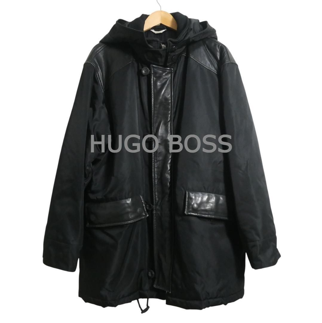 HUGO BOSS ヒューゴボス サイズ48 レザー切り替え 2WAY フード ミドル 中綿 パデッドジャケット ブルゾン コート ジャケット 黒 ブラック メンズ