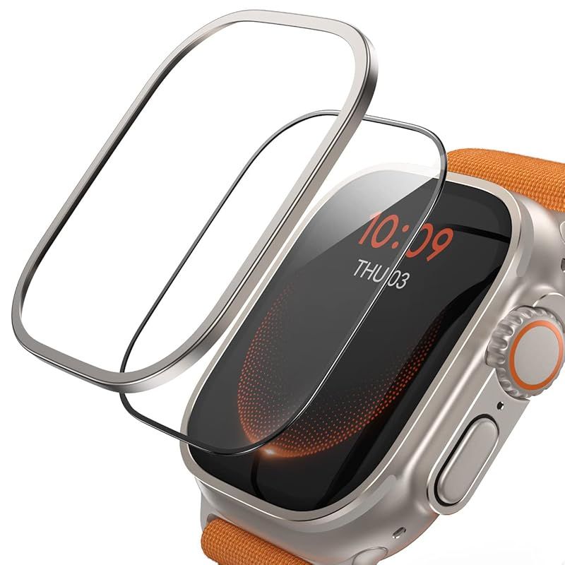 【チタニウム保護バンパー+9H強化ガラス】 Apple Watch Ultra ガラスフィルム チタニウム枠 : Lamicall Ultra 2 / Ultra 1アップルウォッチ ウルトラ 保護フィルム エッジバンパー 貼り付けガイド枠付き i