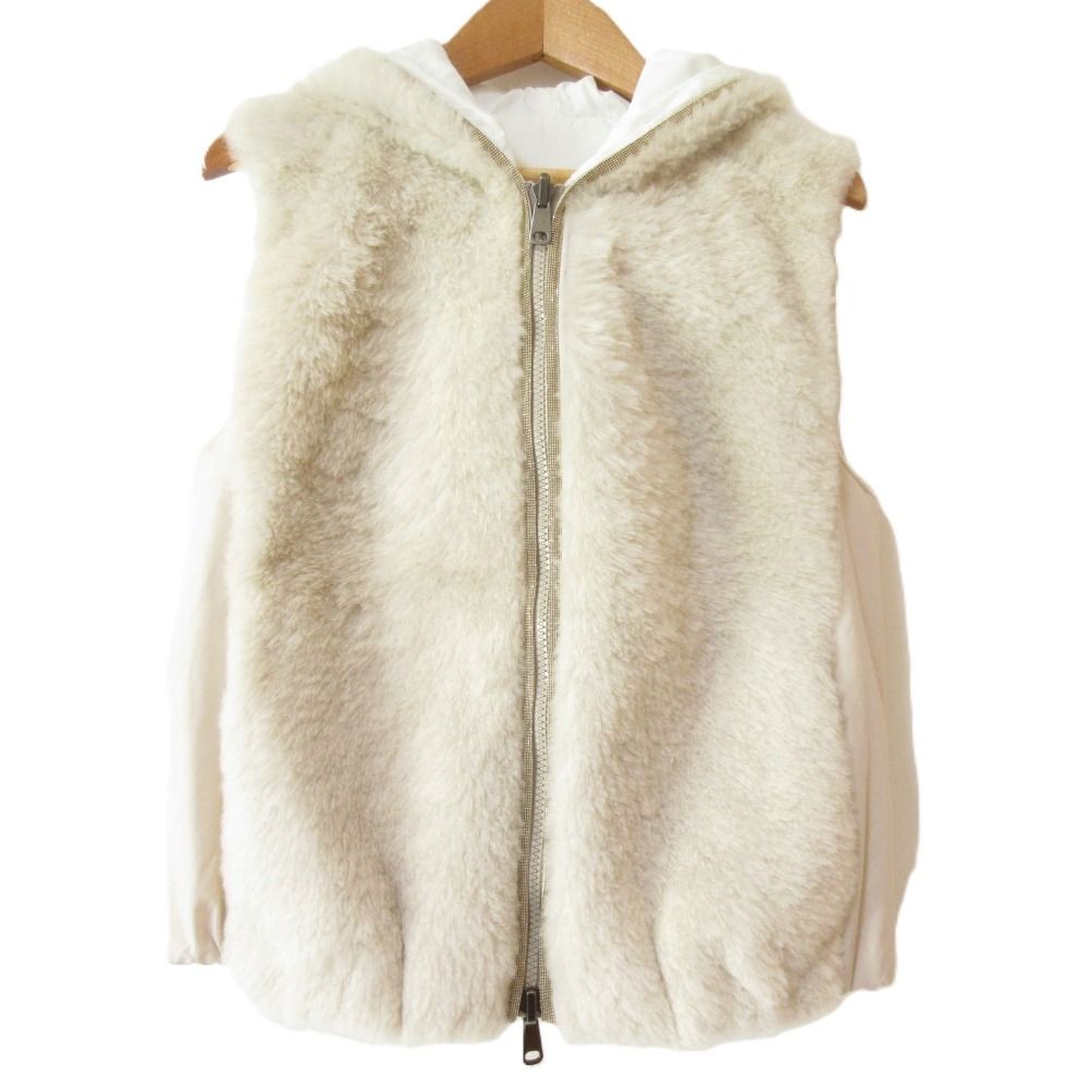 BRUNELLO CUCINELLI ブルネロクチネリ カシミヤゴートファー フーデッド リバーシブルムートンベスト 36 ベージュ ホワイト レディース 古着