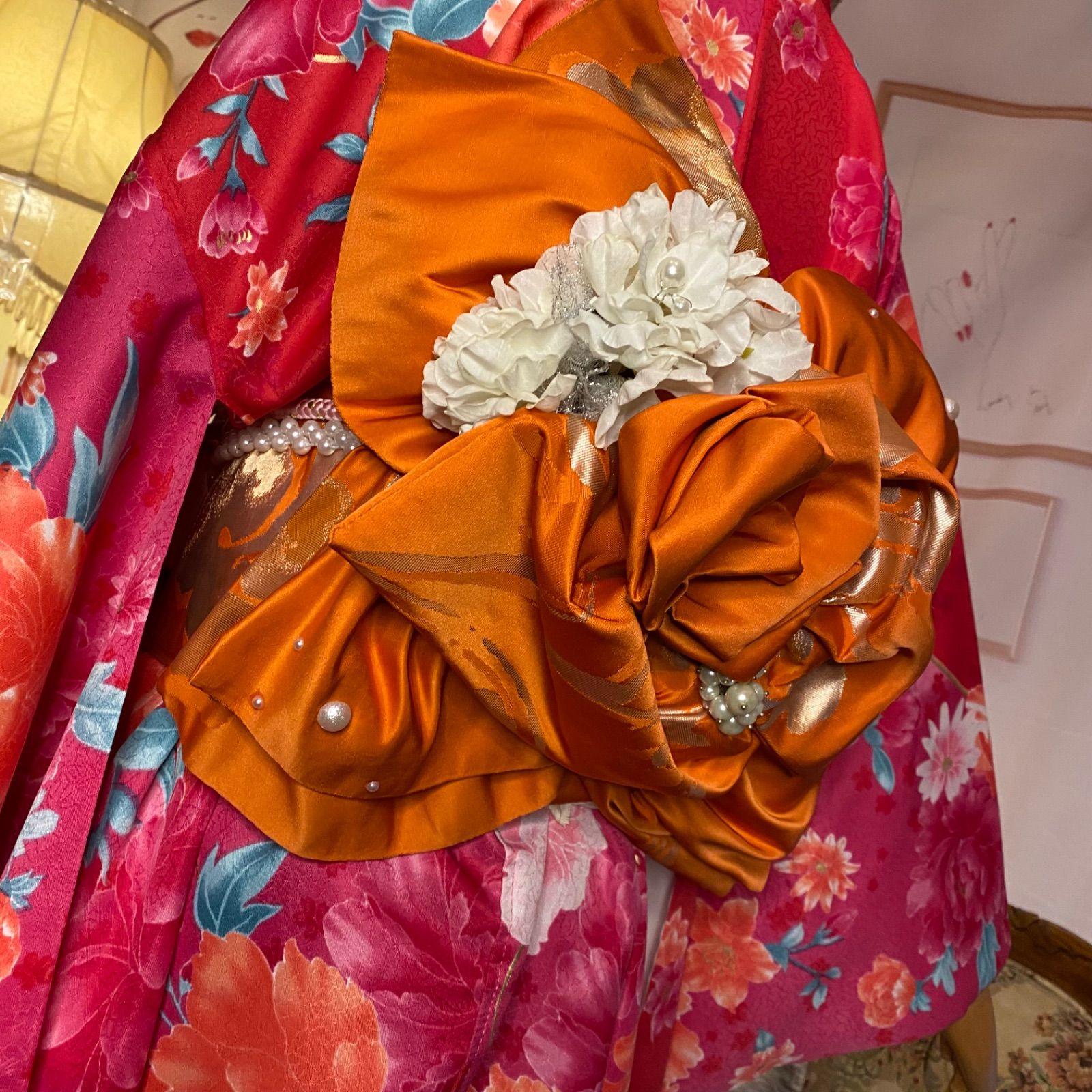 振袖 着物 ロングワンピース ドレス 2部式ローズ/バラ作り帯 リメイク