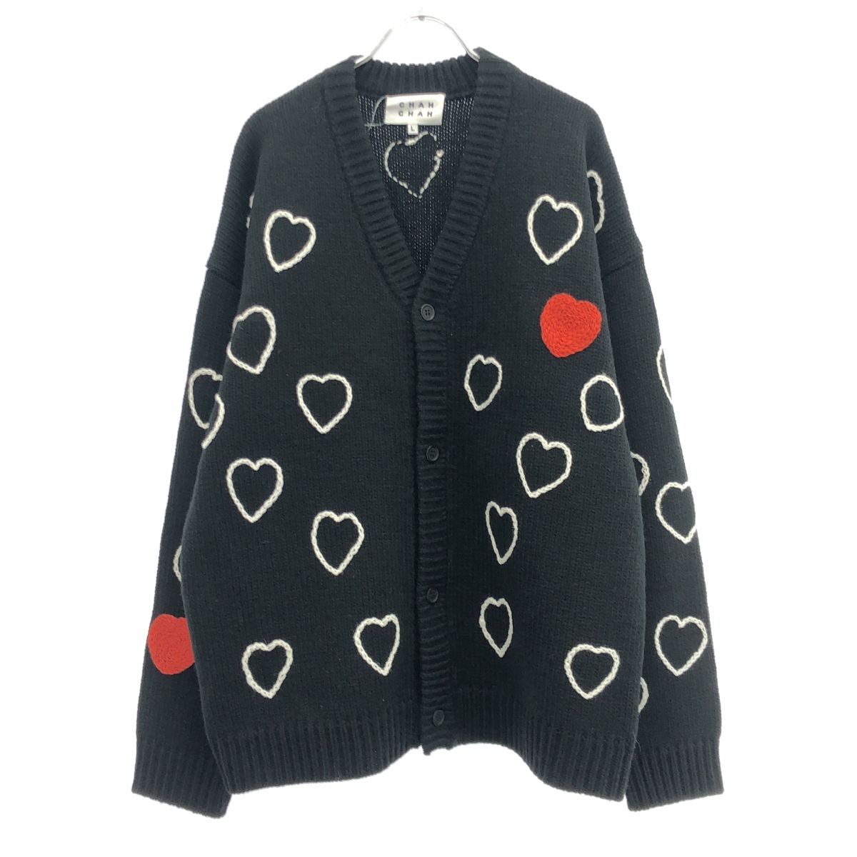 ChahChah / カーディガン(厚手)/L/アクリル/BLK/CC-23FW-KN03/ハート ChahChah◇カーディガン(厚手)/L/アクリル/BLK/CC-23FW-KN03/ハート