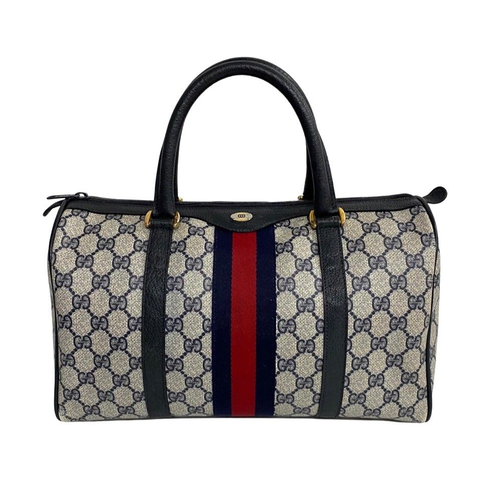 極 美品 GUCCI グッチ オールドグッチ ヴィンテージ シェリーライン GG 金具 総柄 レザー ハンドバッグ ボストンバッグ ネイビー  18480 - メルカリ