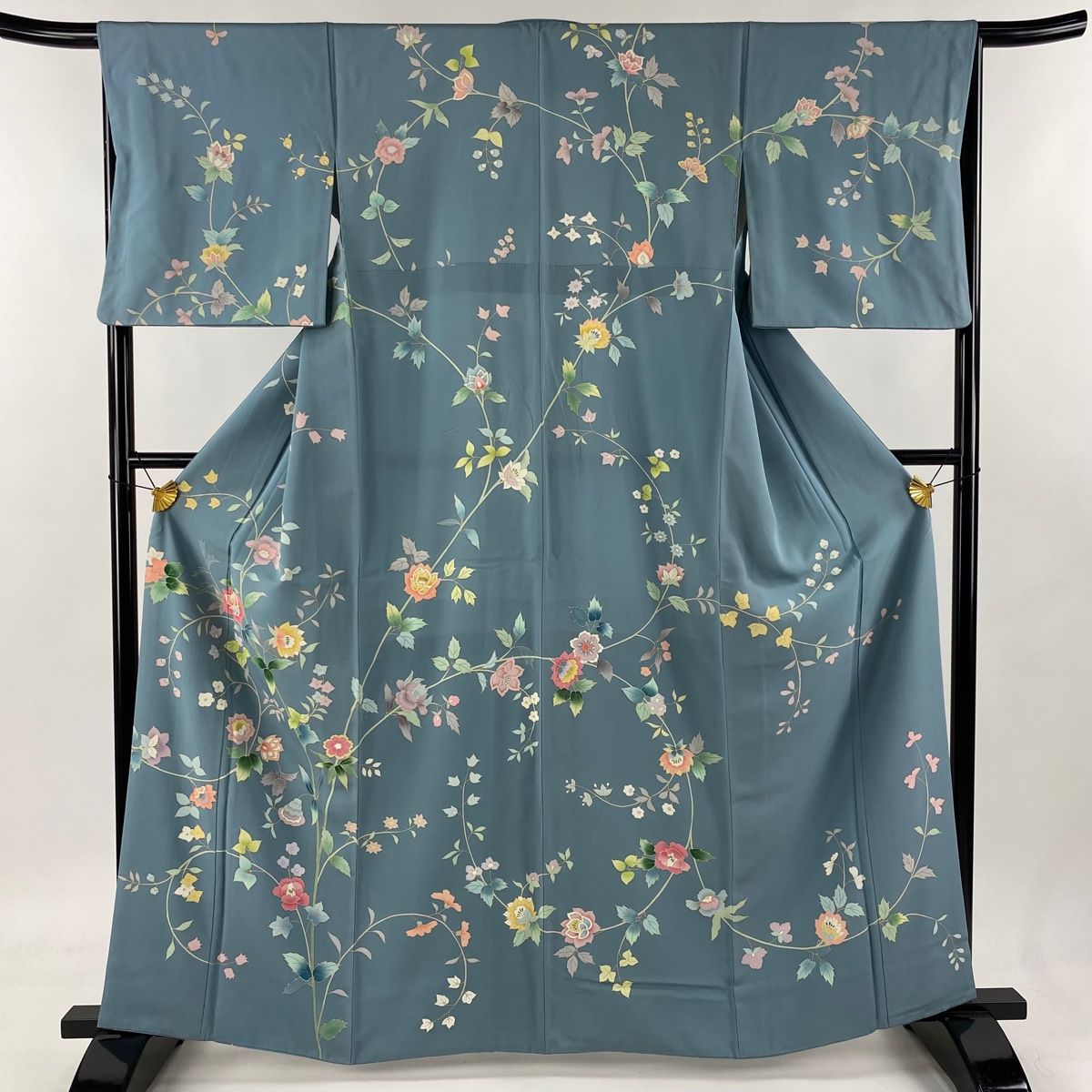 訪問着 身丈163cm 裄丈66cm M 袷 草花 青灰色 正絹 名品 【中古  