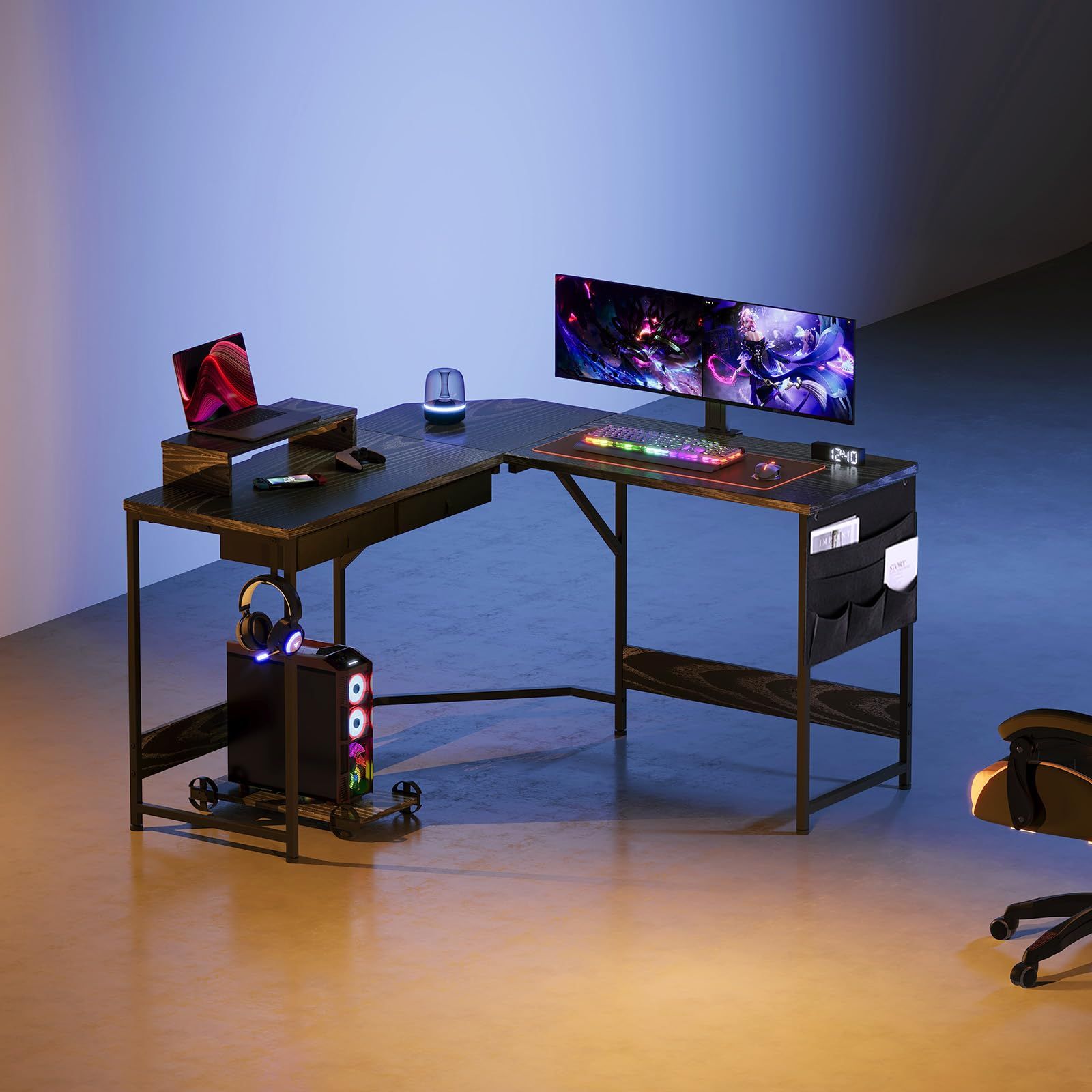 desk computer pcデスク収納袋付き学習机 作業机 ゲーミングテーブル 125cm gaming 125cm x desk l字デスク 机 引き出し付きデスク パソコンデスク ゲーミングデスク 黑い YeTom