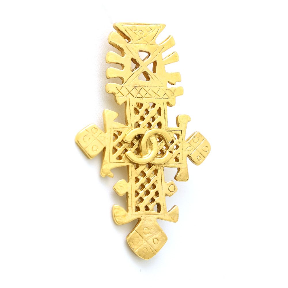 シャネル　クロスブローチ CHANEL Pearl Crystal CC Cross Brooch Light Gold Pink 873873