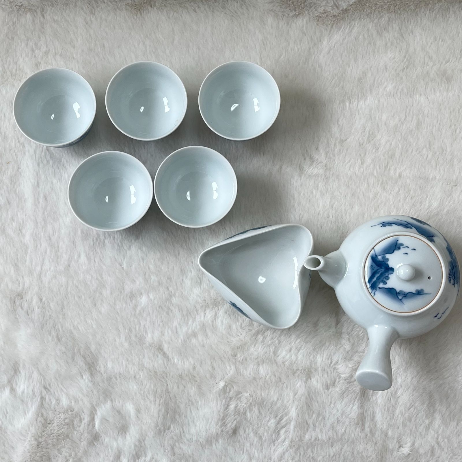 和風染付茶道具セット 山水紋 畑萬作 染付山水 急須 湯呑五客 茶海 桐箱入 伝統工芸 品茗用 お茶タイムアイテム