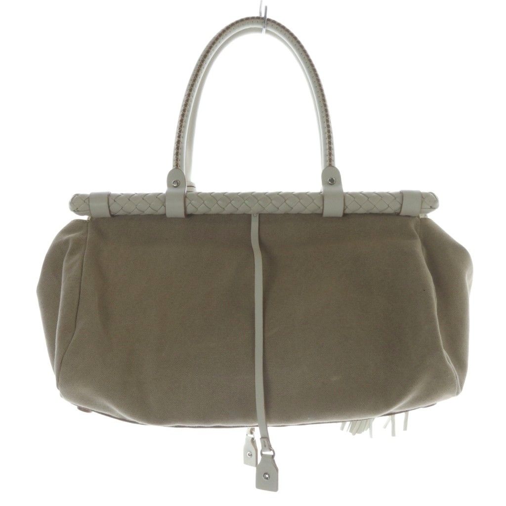 ジルサンダー JIL SANDER レザー キャンバス 編み込み トートバッグ ハンドバッグ チャーム付 ベージュ 白