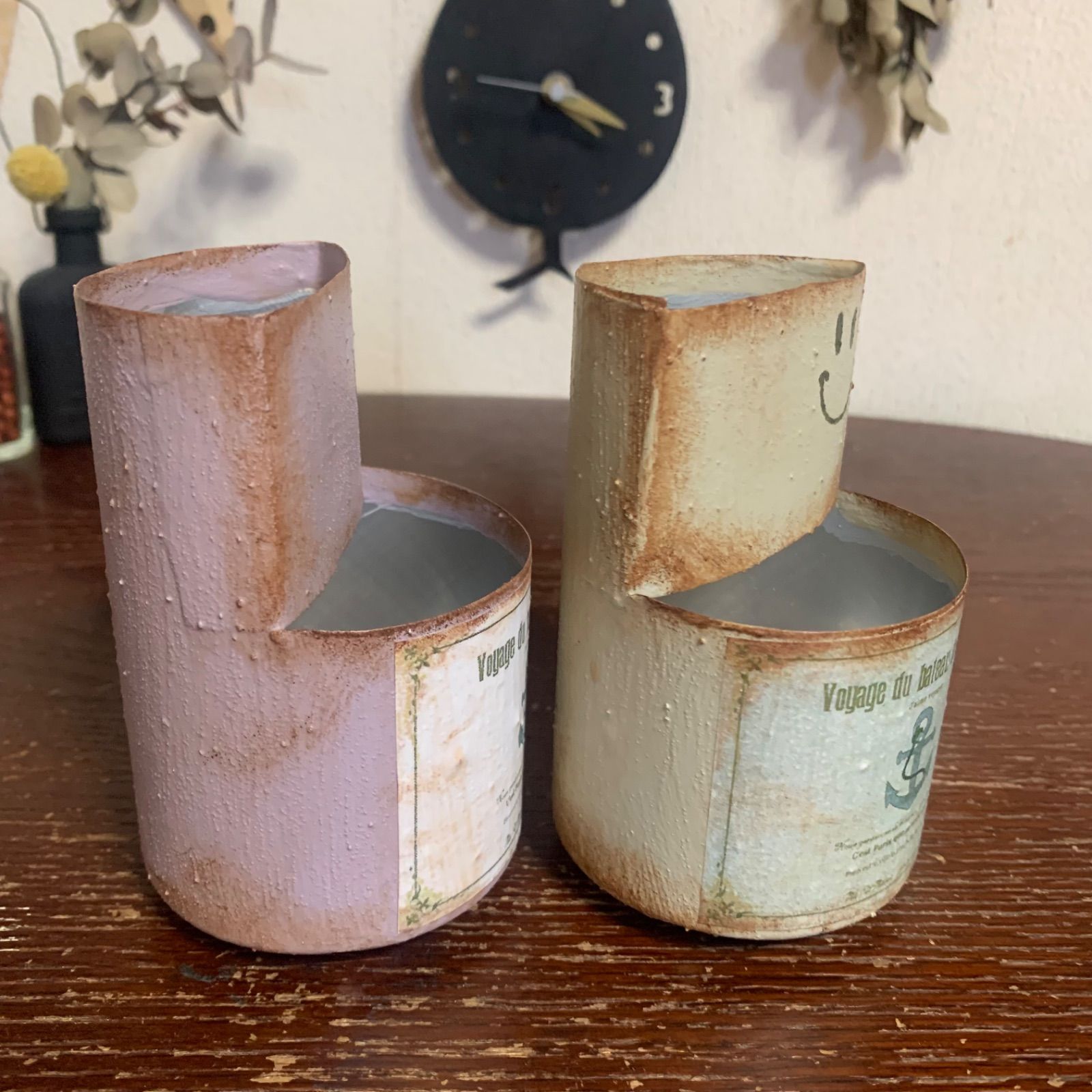 ノリチン リメ鉢♡リメイク鉢♡ハンドメイド♡リメ缶 2段寄せ♡ リメイク缶 2個セット (ラベンダー・ヘンプベージュ