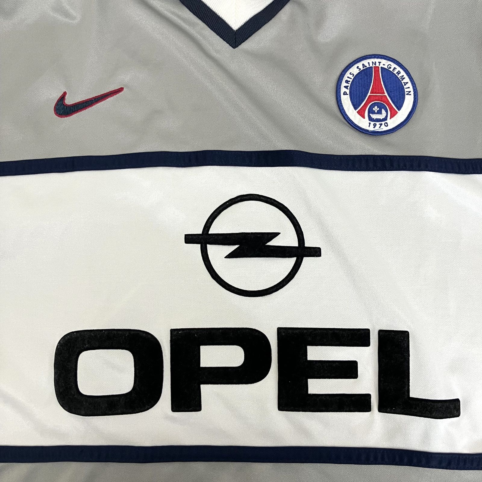 パリサンジェルマン サッカー ゲームTシャツ ユニホーム NIKE ナイキ Lサイズ イギリス製 ポロシャツ 襟付き ワッペン グレー ネイビー