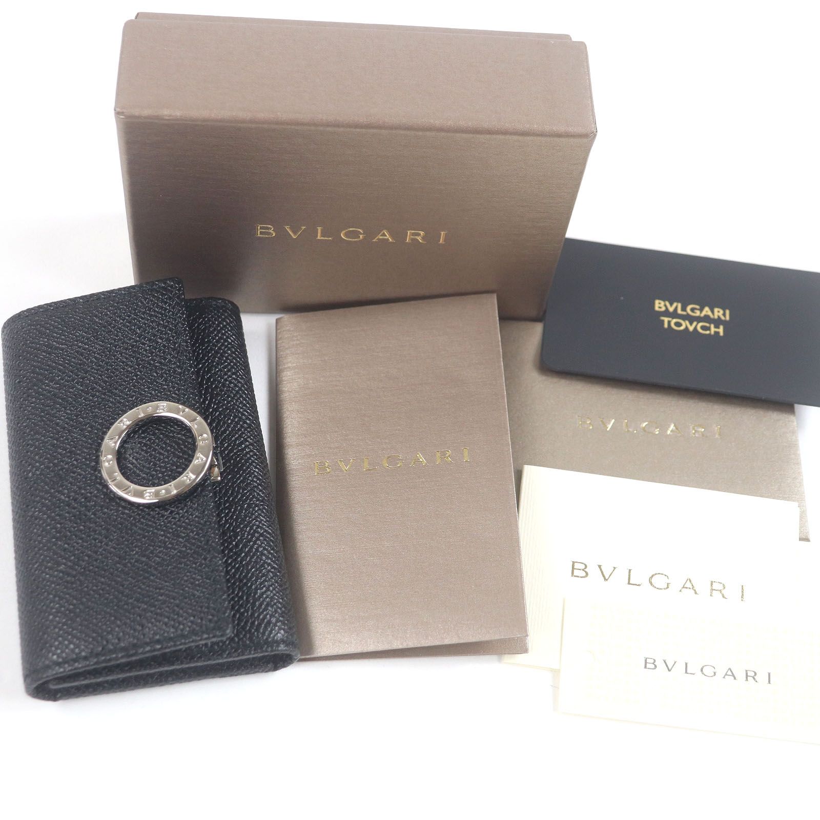 ♥品□BVLGARI ブルガリ 30422 レザー ブルガリブルガリ マン シルバーロゴ金具 三つ折り 6連 キーケース ブラック き イタリア製 メンズ