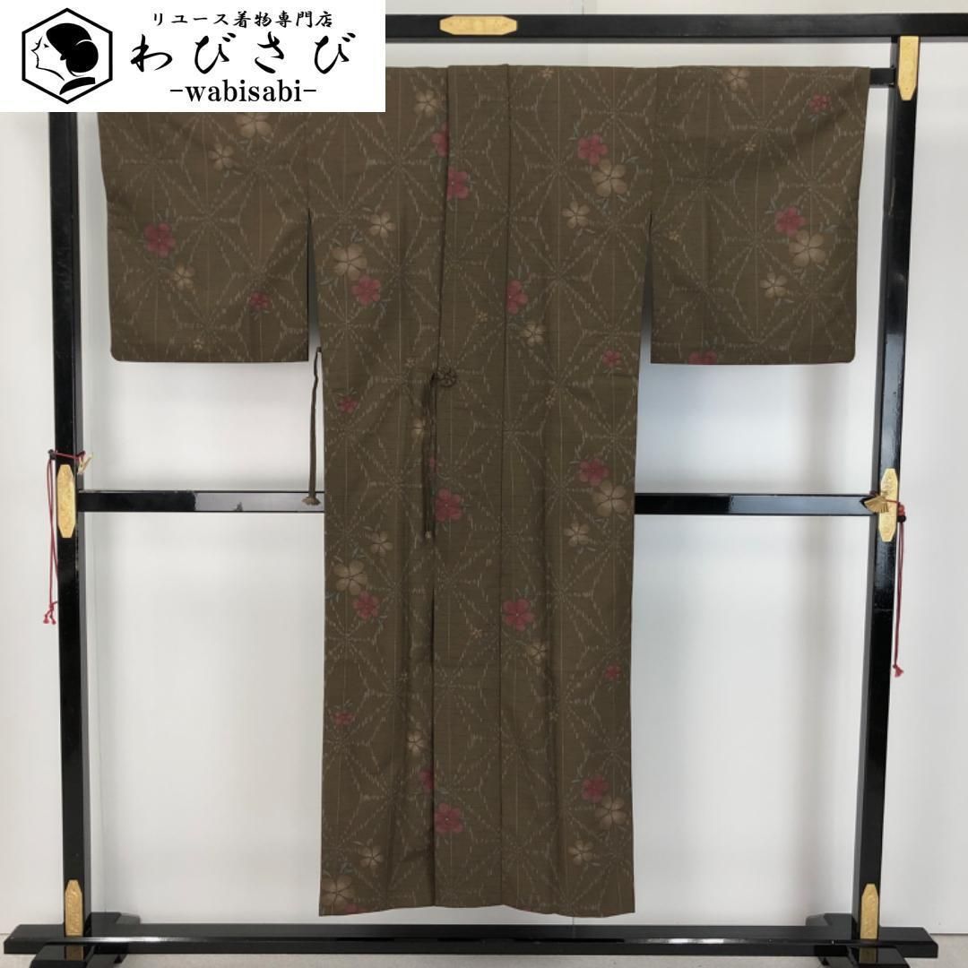 道中着 単衣 ロング 麻の葉に花柄模様 消炭黒色 H-4114