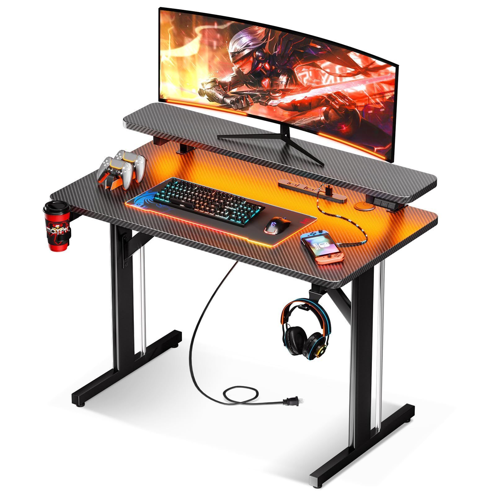 ブラック 幅80cm*奥行50cm*高さ75cm ゲームデスク ゲーミング机 コンセント付き フック付き パソコンデスク モニター台付き 炭素繊維天板 P