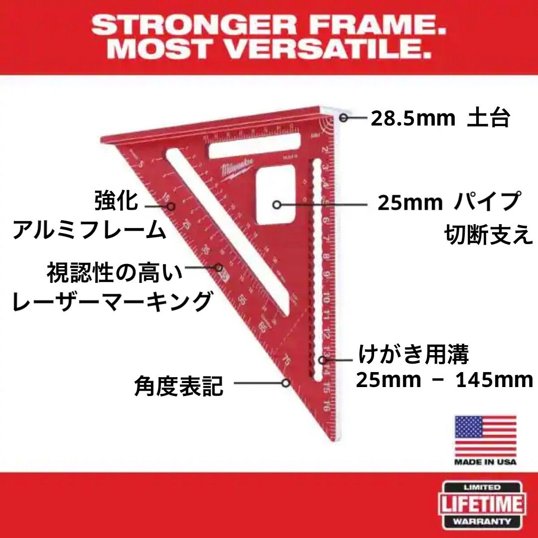 新品 USA製 ミルウォーキー 180mm 三角定規 多機能 分度器 留め定規 