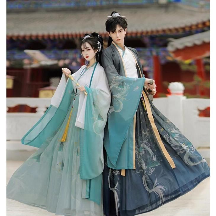 チャイナ服 上下3点セット メンズ レディース 大人 ペアルック グラデーション 白緑 黒緑 漢服＆唐装 華流コスプレ衣装 中国古代服装 ハロ BJ0903ML435