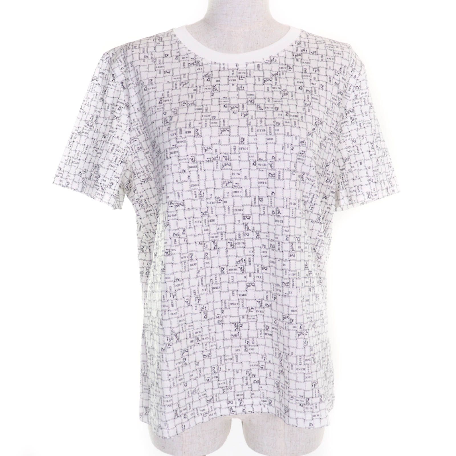 HERMES エルメス 25SS 5E4645DK コットン100％ ボルデュック チェック クルーネック 半袖Ｔシャツ ホワイト 44 き イタリア製 正規品 レディース