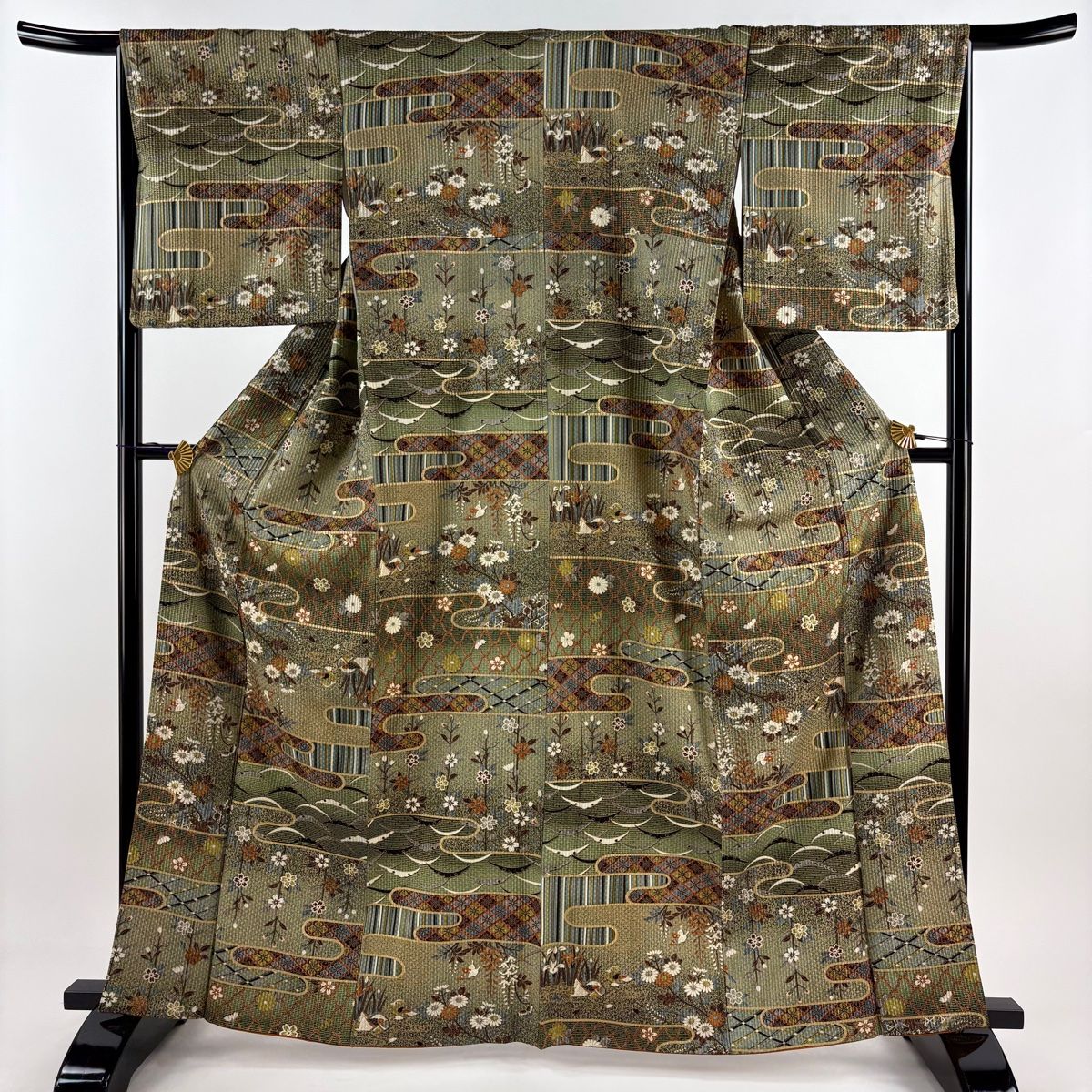 大得価，定番人気 小紋 身丈163.5cm 裄丈67cm M 袷 袋帯セット 落款 証紙 麻の葉 灰紫 正絹 秀品 【中古】