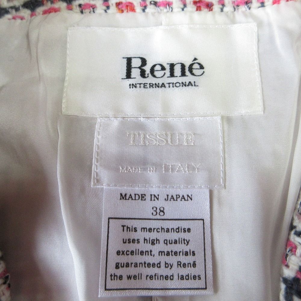 René 美品✨ルネ　ベビーピンク系コットンツイード 38 優しい雰囲気おリボン René 美品✨ルネ ベビーピンク系コットンツイード 38 優しい