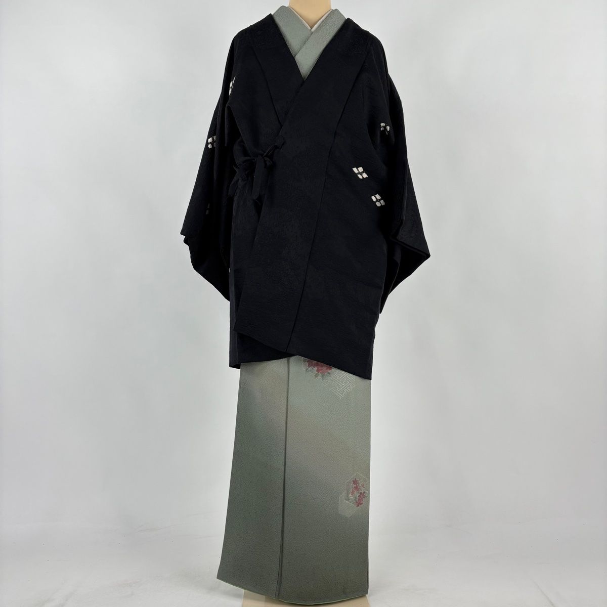 道中着 身丈90cm 裄丈64cm M 和装コート 菱 金彩 絞り 黒 正絹 秀品