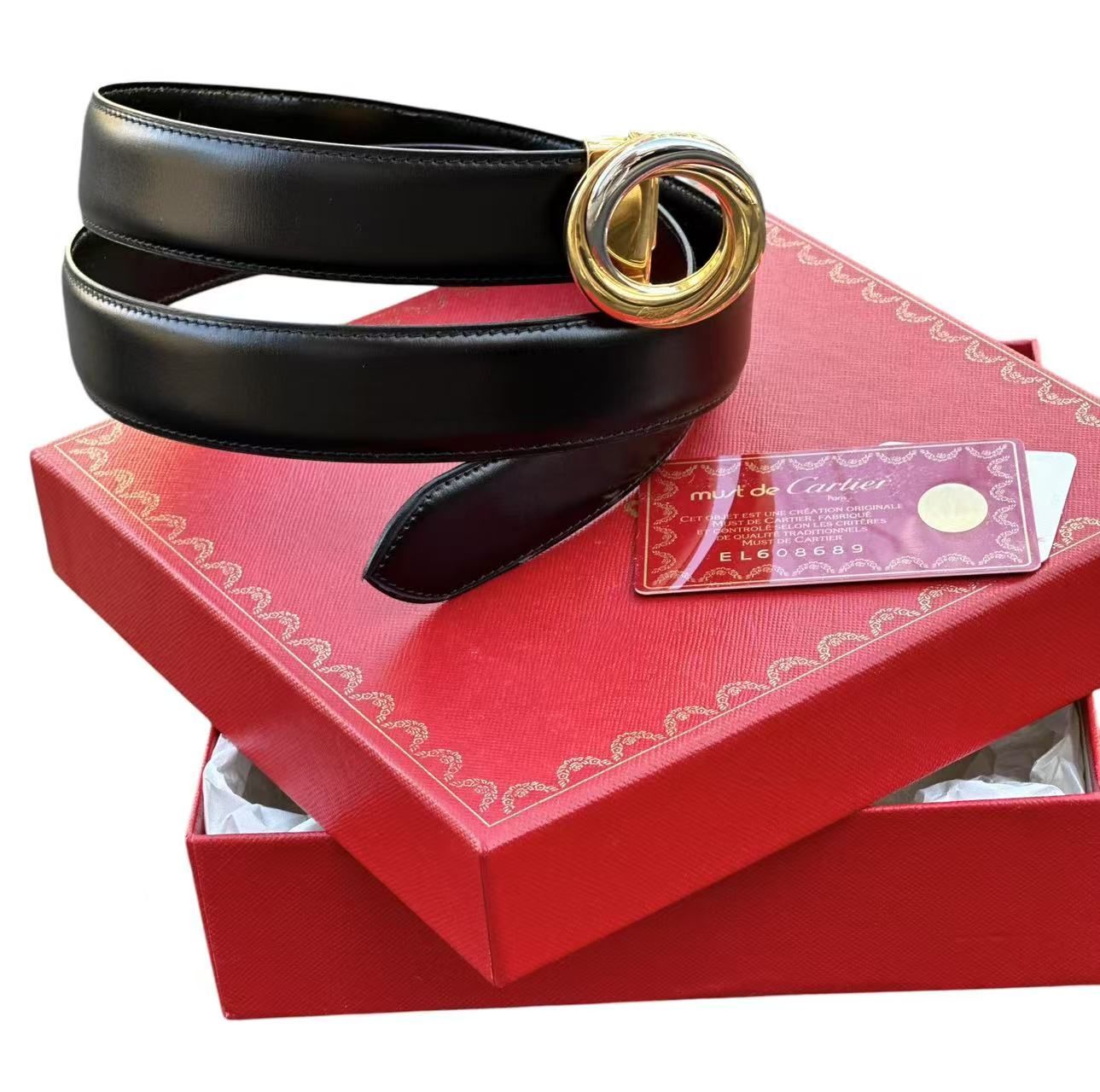 Unused storage item ◆ genuine Cartier Cartier Trinity silver x gold hardware belt belt belt unisex men's women's belt black black