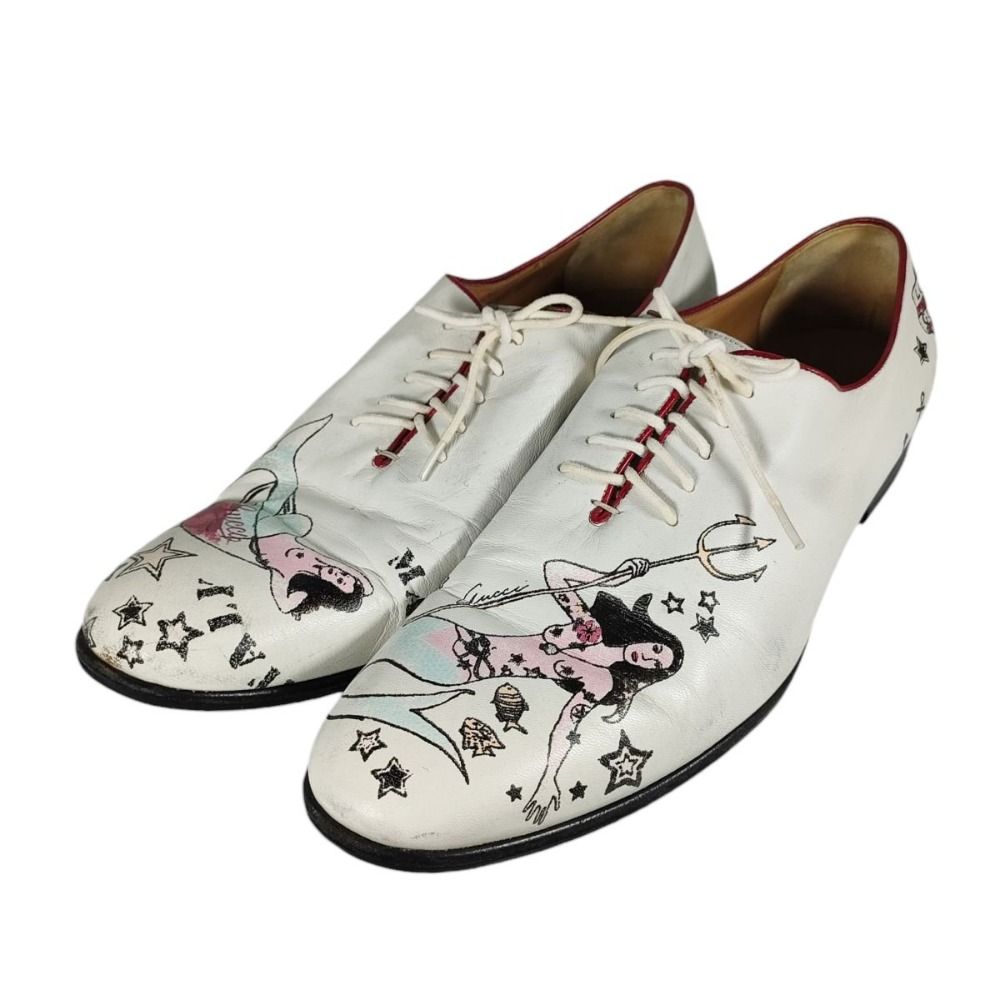 良品 名作 GUCCI グッチ タトゥーコレクション レザー マーメイドペイント ホールカット シューズ 211712 42EJ 27㎝相当 ホワイト メンズ 古着 中古 USED