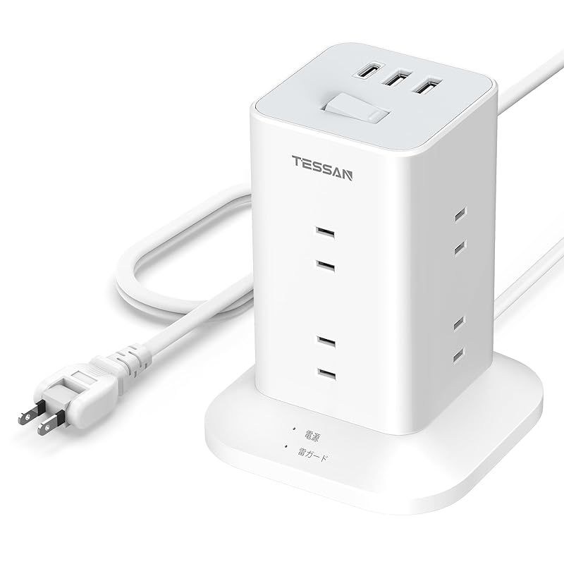 電源タップ タワー usb付き 延長コード 3m タコ足配線 8個AC口 2タイプCポートと1タイプAポート 180スイングプラグ TESSAN 雷ガード 蛸足コンセント テーブルタップ oaタップ マルチタップ 過負荷