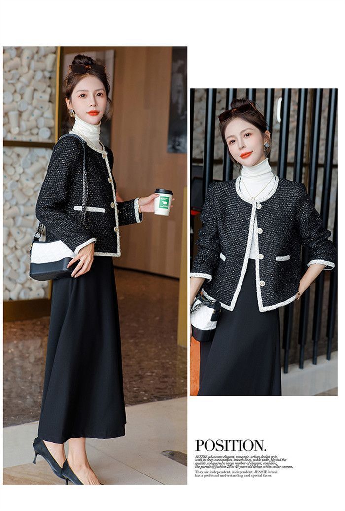 セットアップ スカートスーツ レディース 2点セット スーツ ママスーツ 上下セット フォーマル ツイードジャケット-ロングスカート ノーカラージャケット ウエストゴム エレガント 通勤 OL 女性 オフィス 事務所 体型カバー 着痩せ 春 秋 maidi01 WWW_MORNINGWALKER_COM