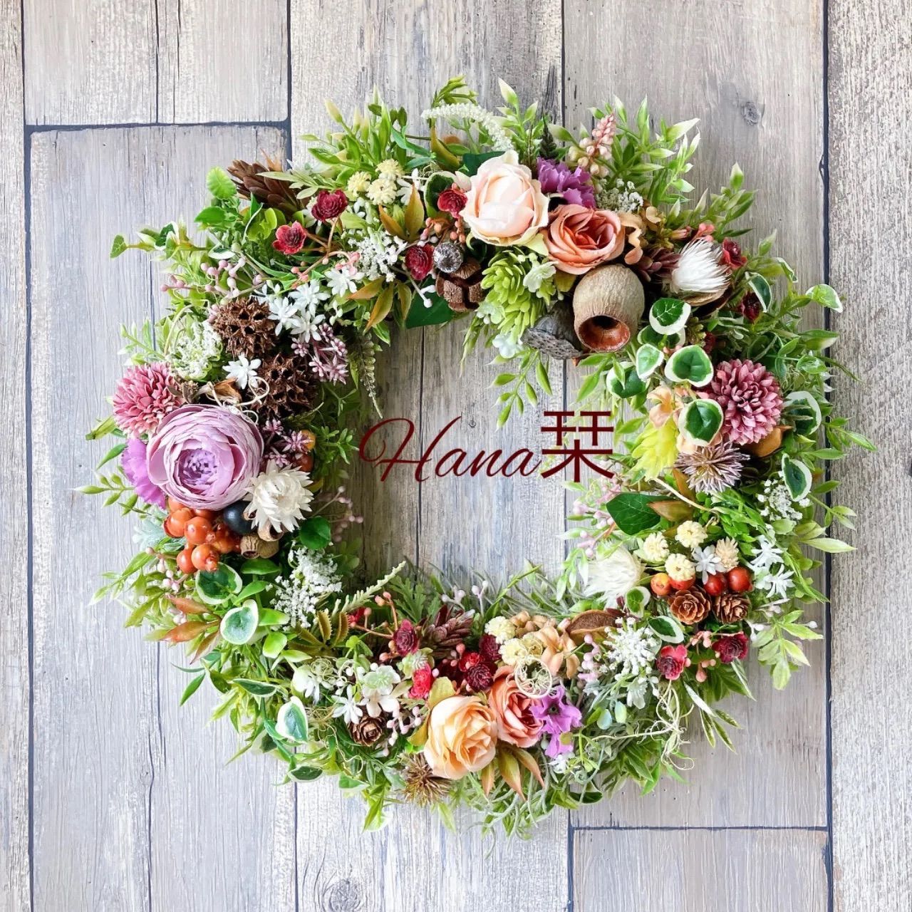 ラナンキュラスローズと木の実のナチュラルリース 35cm 玄関リース アーティフィシャルフラワー 造花