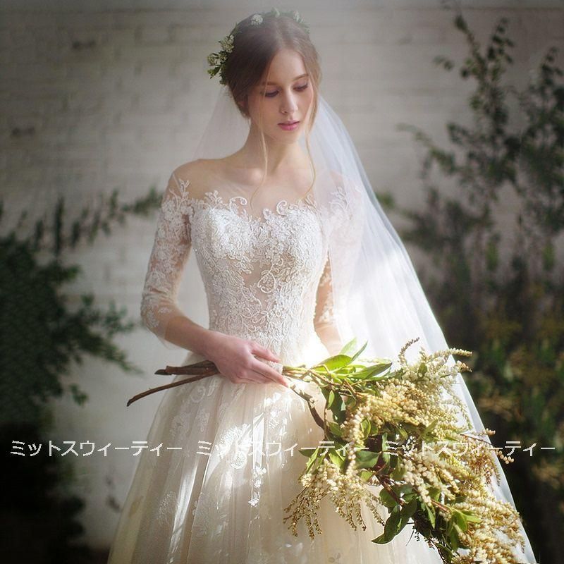 ウェディングドレス 花嫁 二次会 ウエディングドレス 結婚式 ロングドレス Aライン チュール レース トレーン 6分袖 海外挙式 披露宴 ブラ