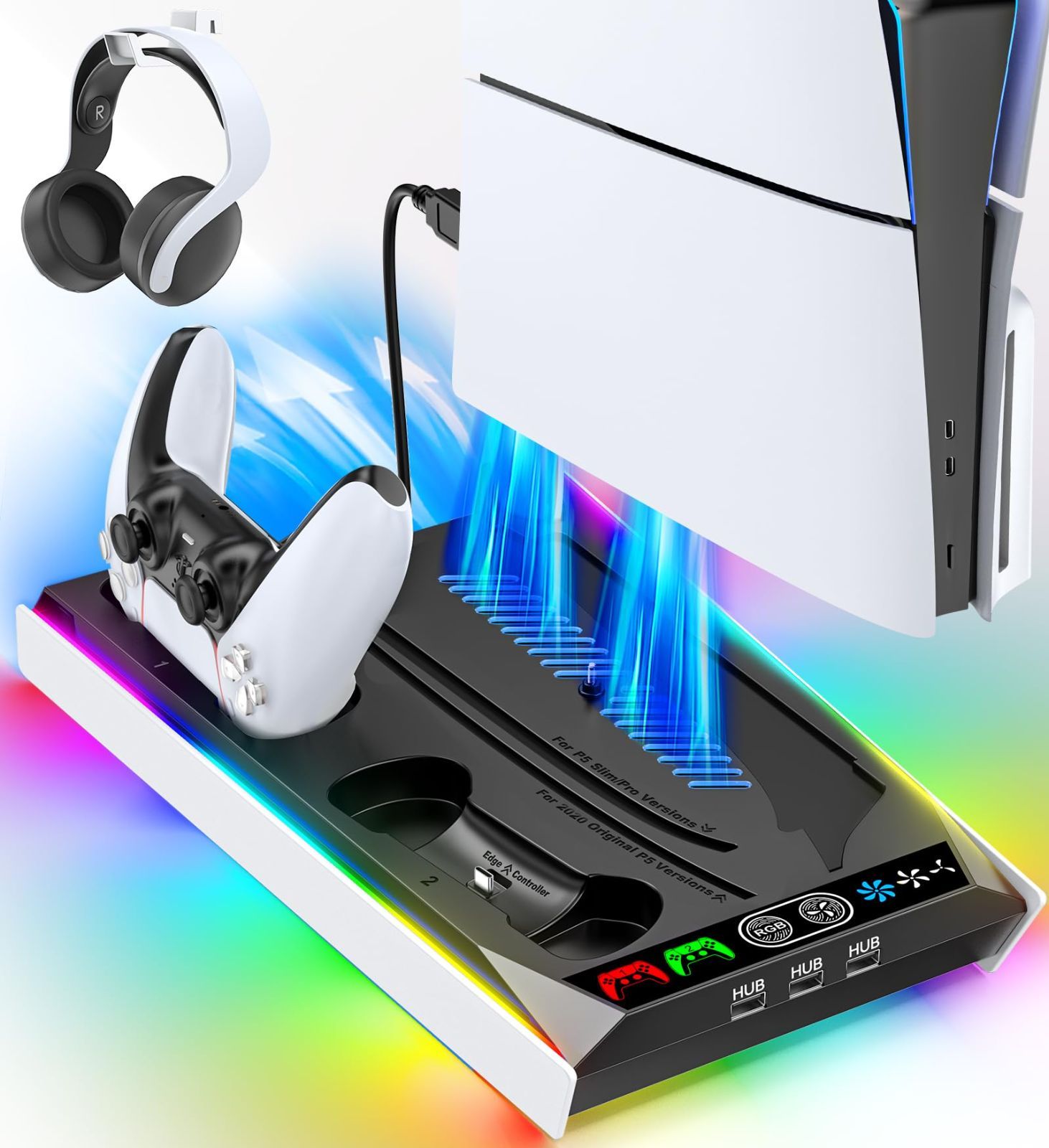 PS5 Pro|PS5 Silm|PS5対応 PS5 縦置き スタンド 冷却 3段階風速調整 PS5 コントローラー 充電スタンド 2台同時充電 DualsenseとDualsense Edgeに対応 新型PS5 Slim 周辺機器 プレステ5 スリム スタ