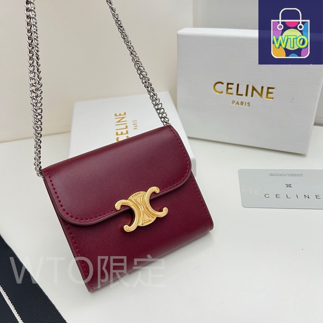 CELINE チェーンウォレット 赤 ボルドー 本日限定】?Celine トリオンフ チェーンウォレット 10783 ? 高級