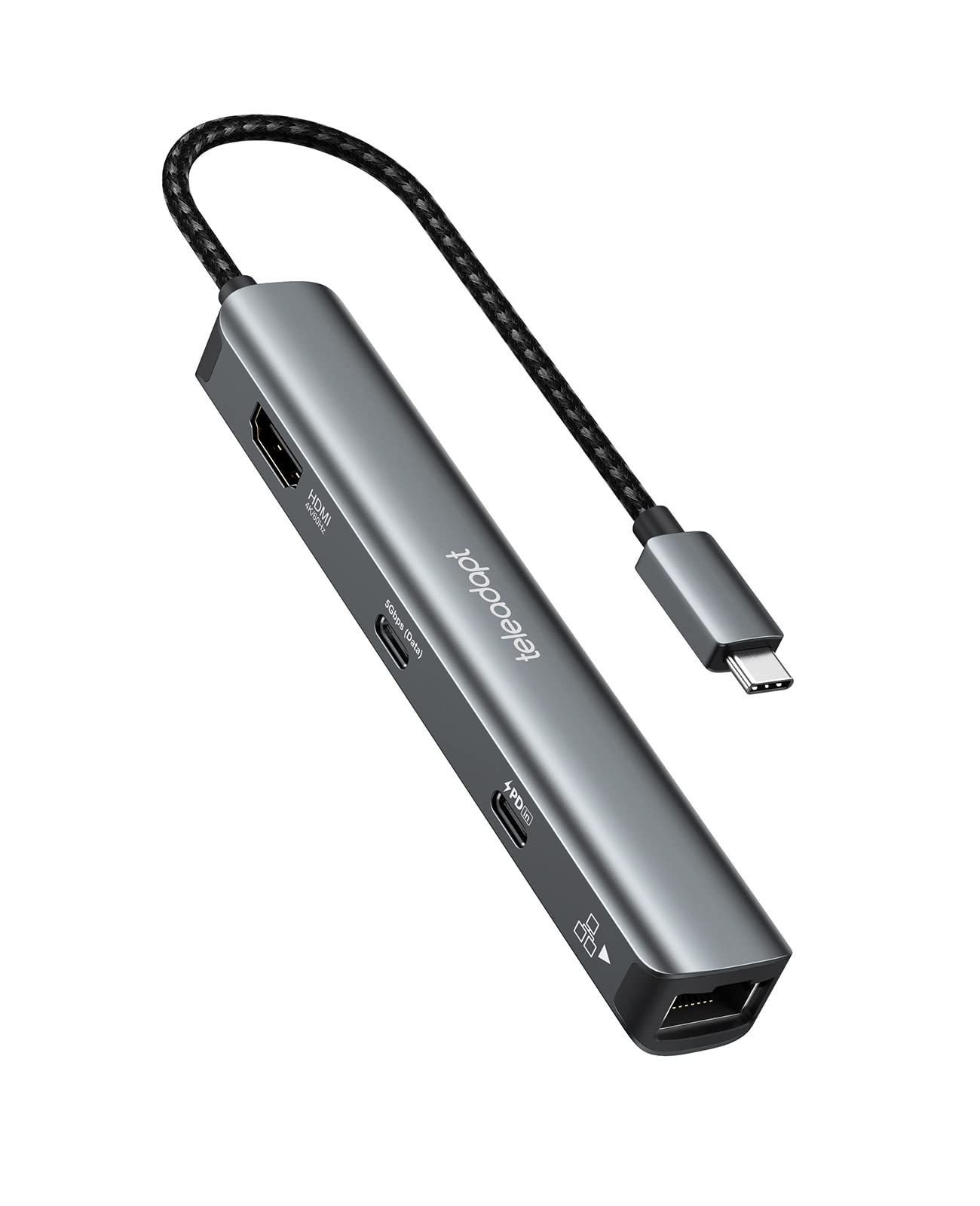 Teleadapt USB C PD イーサネット ハブ 6-in-1 Type-Cアダプター 4K HDMI 100W Power Delivery 2 USB-A USB-C 5Gbps Data 1Gbpsイーサネット MacBoo