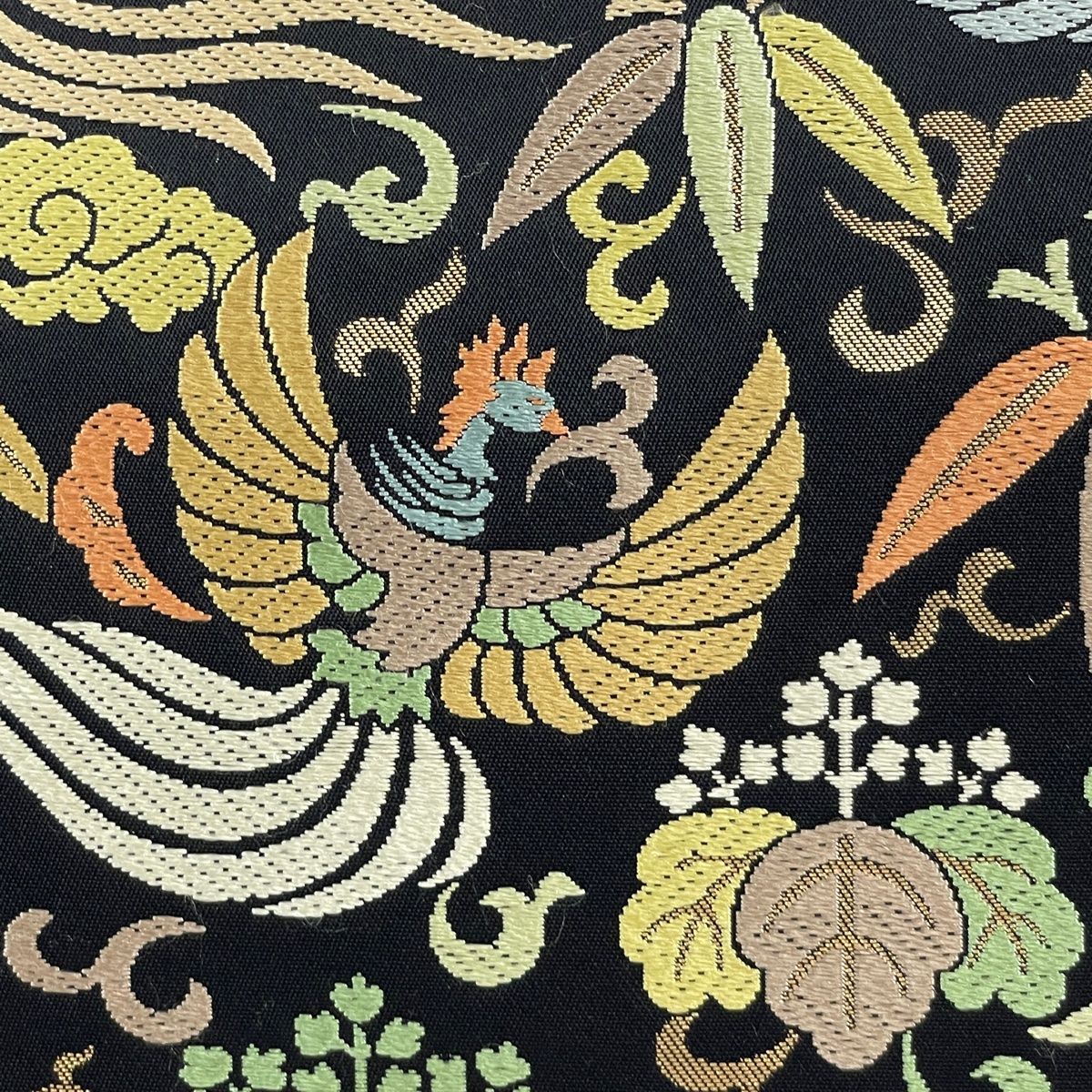 三軸組織 お洒落逸品袋帯(中古品) 袋帯 逸品 川島織物 落款 桐竹鳳凰文 霊芝雲文 刺繍 箔 黒 六通