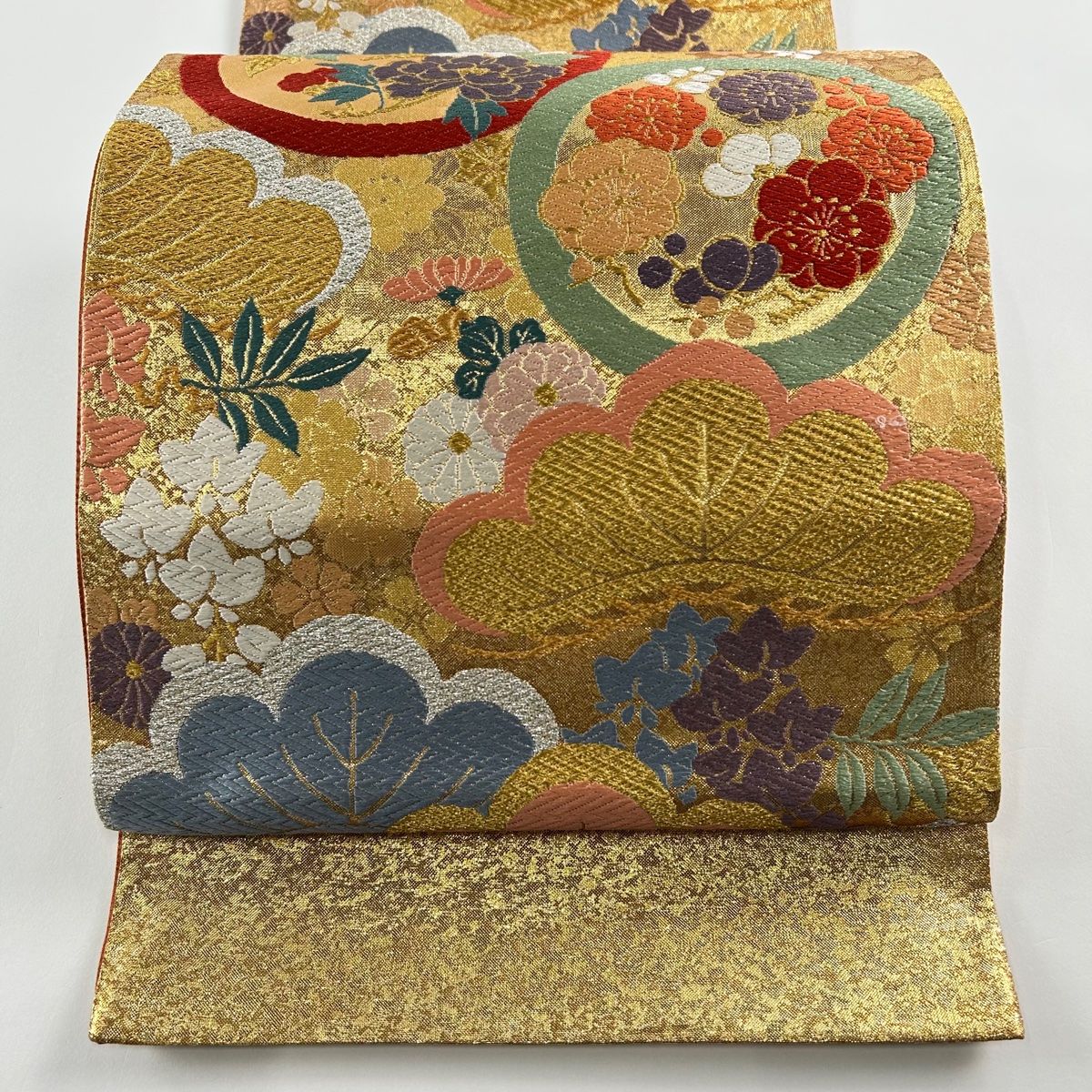 美品】 袋帯 名品 花丸文 市松 唐織 箔 黒 六通 正絹 【中古】 楽天 