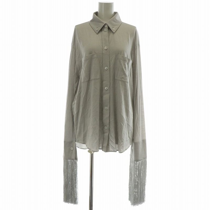 バーバリー ロンドン BURBERRY LONDON イングランド ENGLAND ボタンダウンシャツ ブラウス ウール シルク 長袖 フリンジ US8 L グレー |XZ GY19