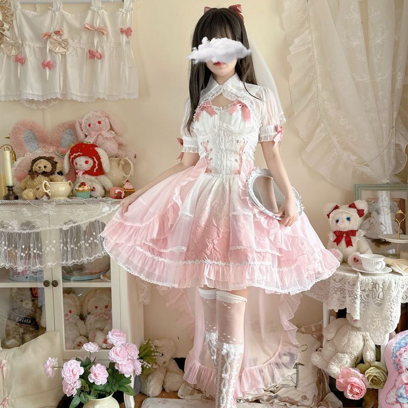ロリータ洋装 フローラルデザイン 甘ロリ JSK 吊りスカート 結婚式 撮影会用 ピンク ハロウィン仮装 高品質ドレス