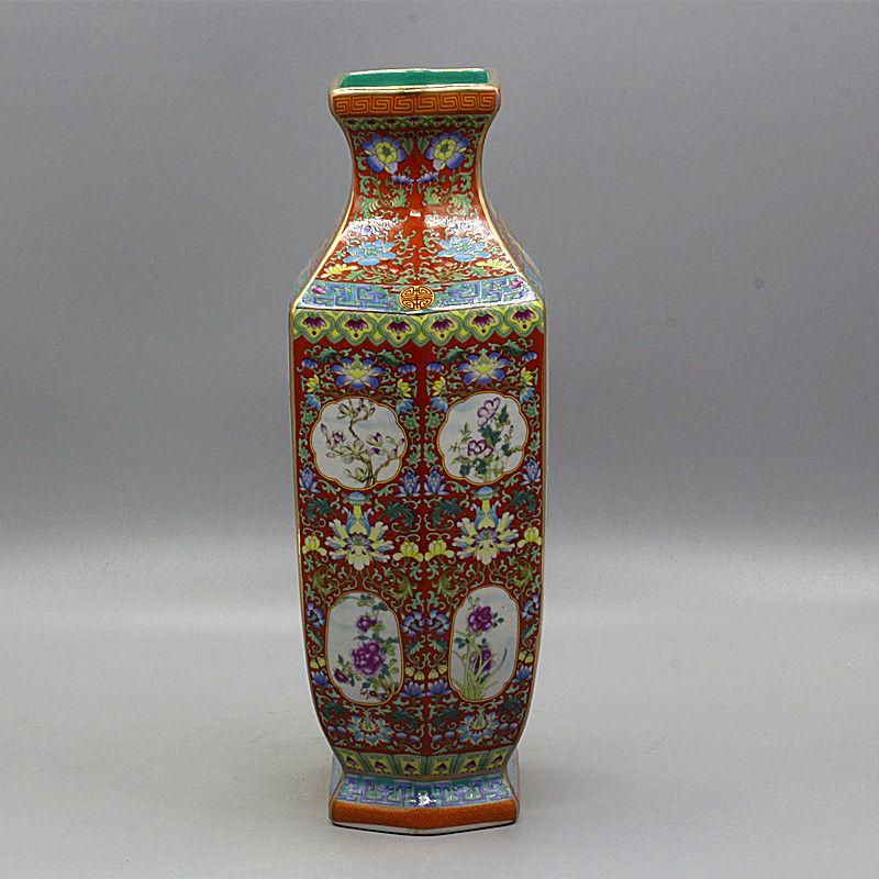 乾隆琺瑯彩紅地祝寿六方瓶 陶磁器 現代工芸品 美術品 装飾品 置物 乾隆琺瑯彩紅地祝寿六方瓶 陶磁器 現代工芸品 美術品 装飾品