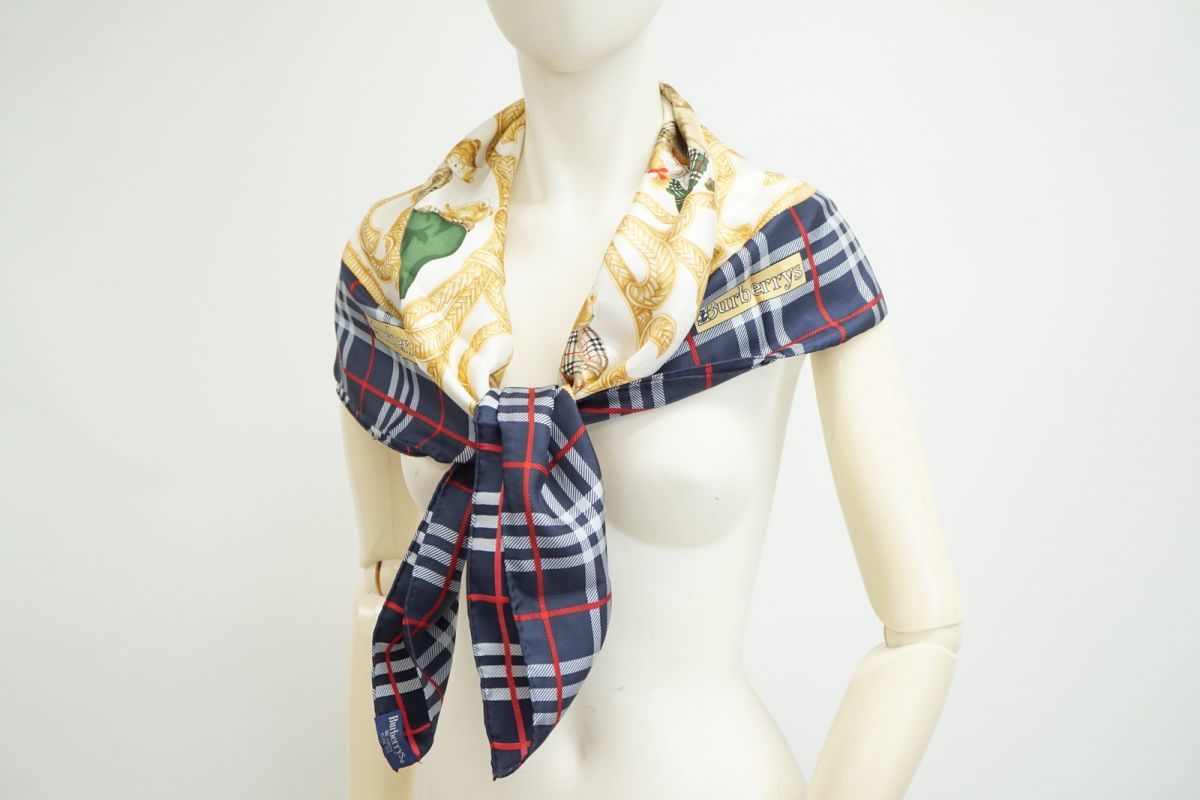 バーバリー ヴィンテージ 大判 スカーフ チェック テディベア Unisex シルク ストール ショール 紺 ネイビー Burberrys 3783k
