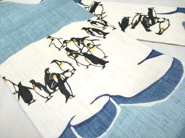 平和屋本店■極上　夏物　和染紅型　栗山紅型　栗山吉三郎　九寸名古屋帯　本大麻帯　ペンギン　浅縹色地　反端付き　逸品　CYAA2581s5 平和屋本店□極上 夏物 和染紅型 栗山紅型 栗山吉三郎 九寸名古屋帯 本