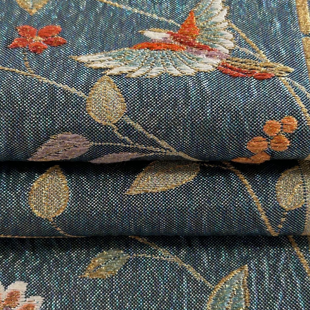 袋帯 美品 秀品 鳥 草花 金糸 箔 青緑 六通 正絹 【中古