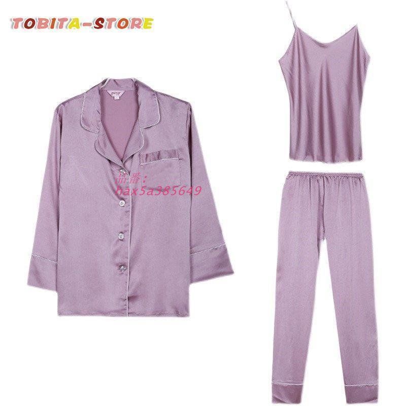 シルクパジャマ レディース 上下 3点セット セットアップ インナー 春 部屋着 長袖 大人 前開き ルームウェア 夏 キャミソール 冬 秋 hax5a385649