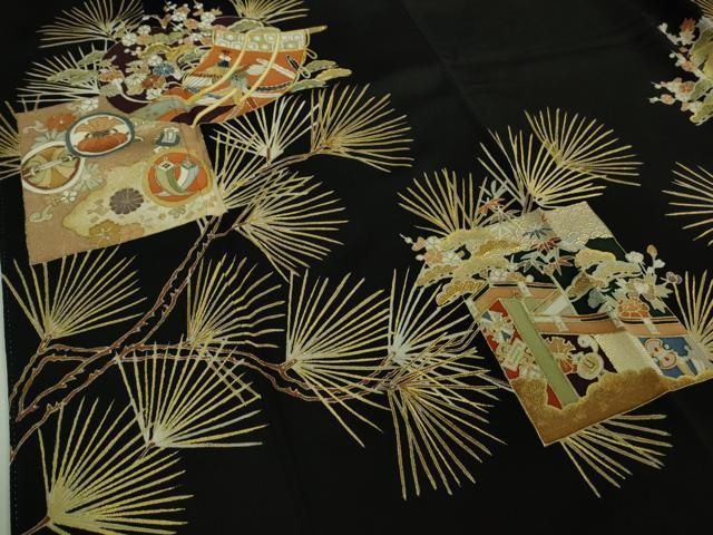 平和屋本店□極上 創業460年・千總 黒留袖 駒刺繍 松 色紙吉祥花鳥文