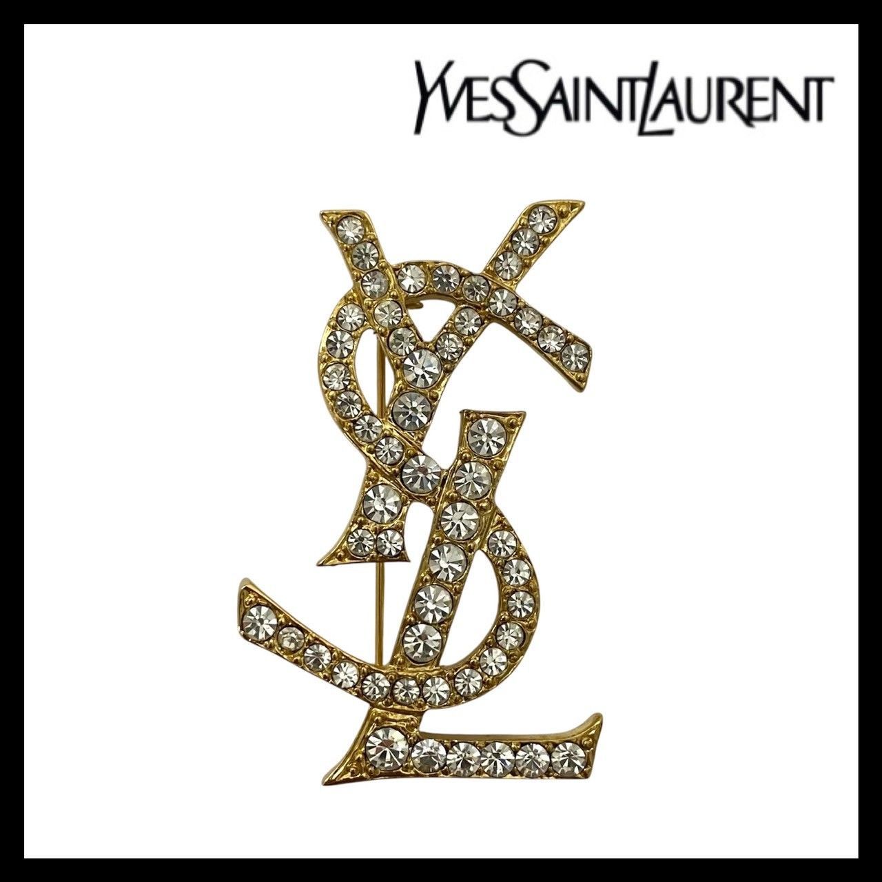 Y【YVES SAINT LAURENT】YSLロゴ ブローチ ラインストーン ゴールド/金