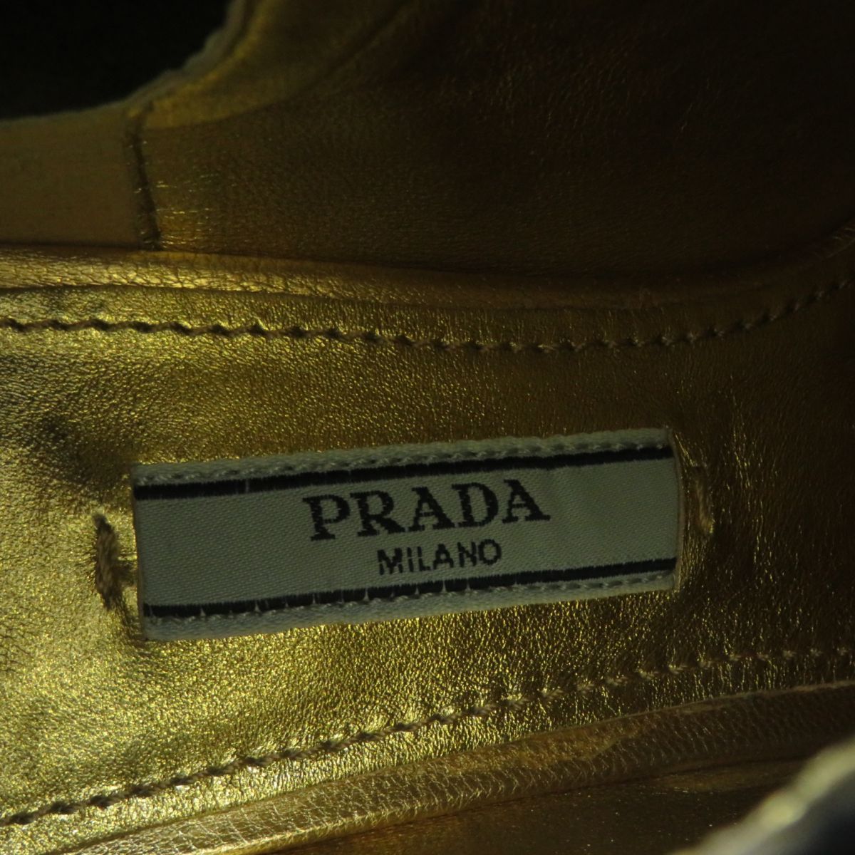 極美品★PRADA プラダ サイドゴア ラウンドトゥ レザー ショートブーツ／ブーティ レディース ゴールド×ブラック 35 保管袋付 イタリア製