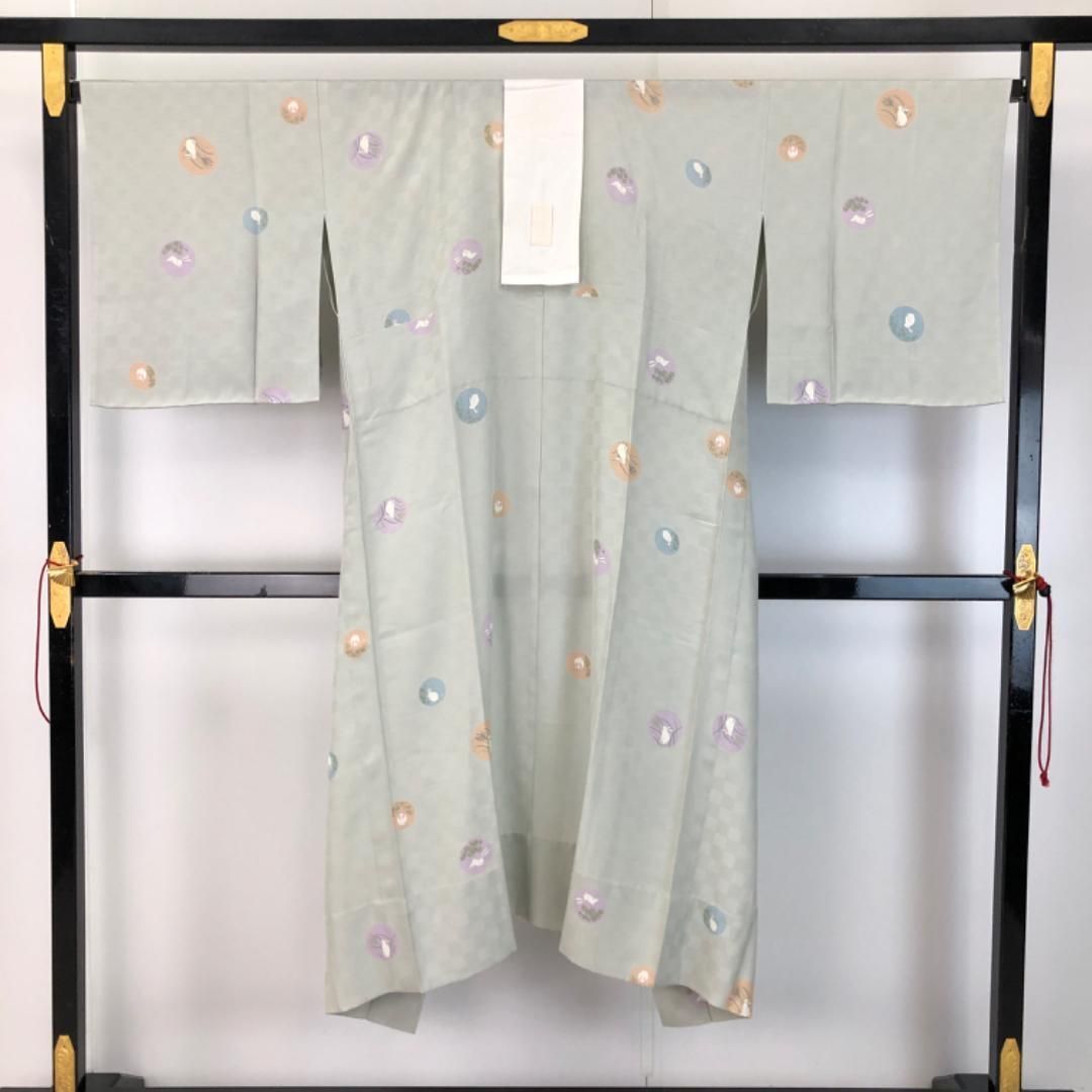 長襦袢 単衣 丸に兎 市松模様 付衿付 薄利休鼠色 しつけ糸 J-334