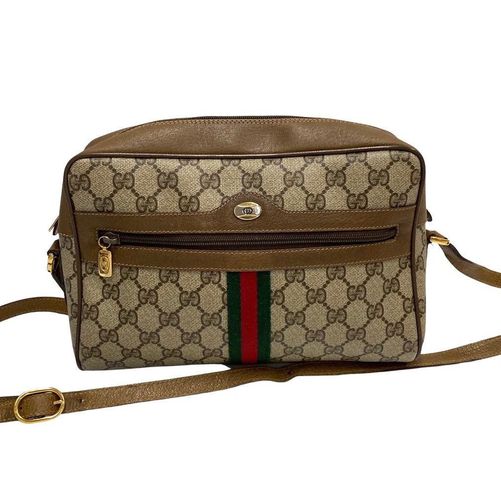 極 美品 GUCCI グッチ オールドグッチ ヴィンテージ GG ロゴ 金具 シェリーライン レザー ショルダーバッグ ポシェット ブラウン 69613