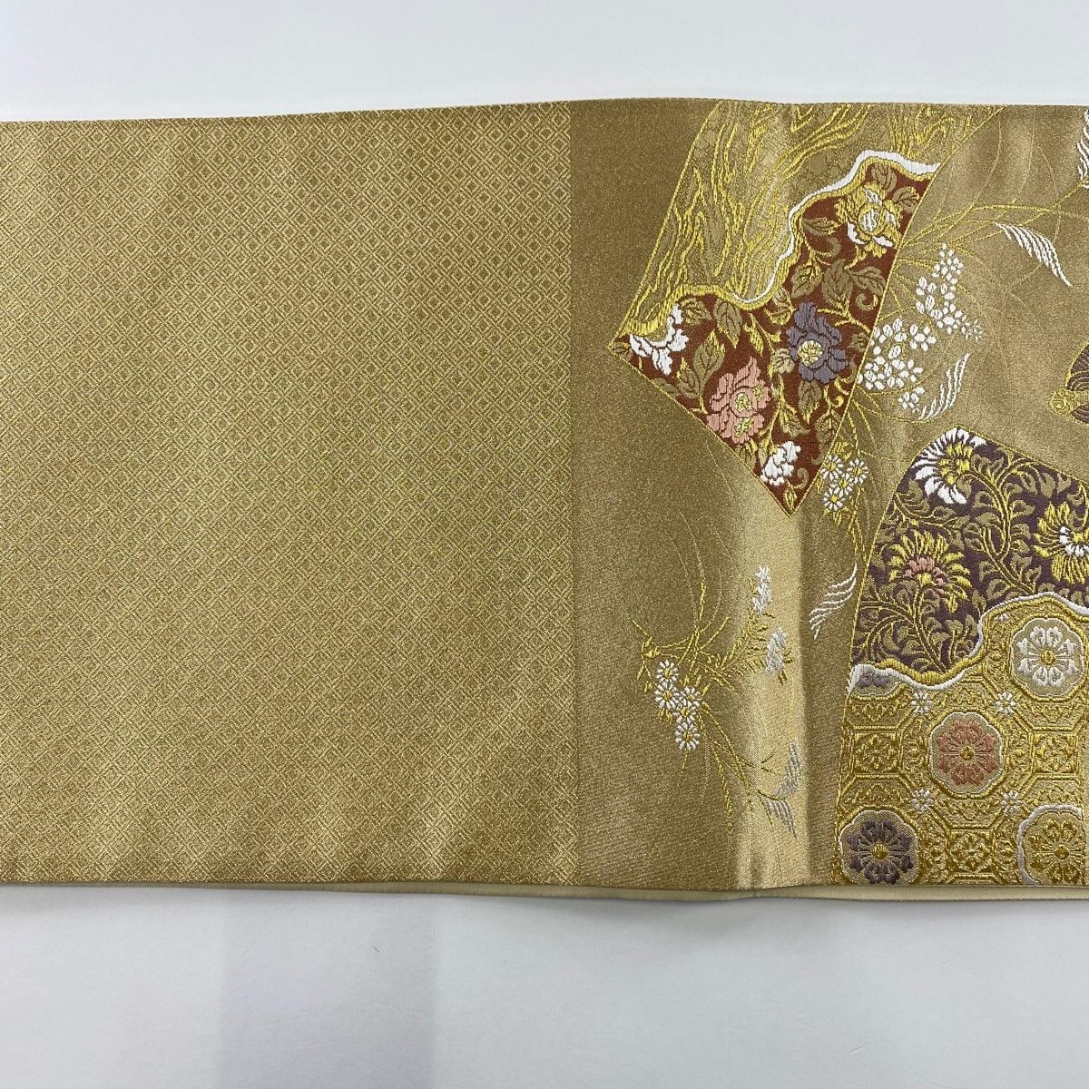 袋帯 美品 秀品 巻物 花唐草 金糸 箔 金色 六通 正絹 【中古