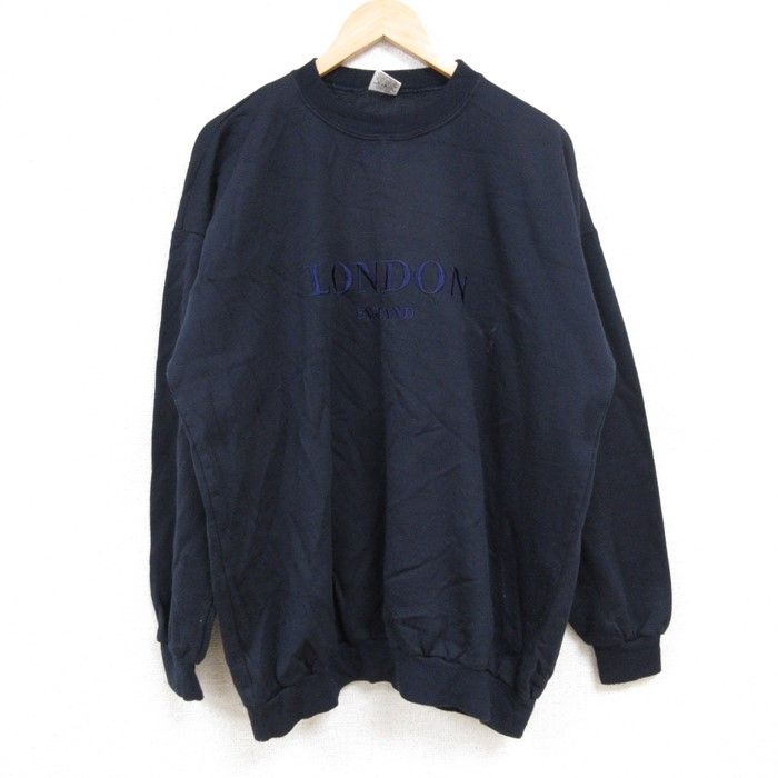 XL/古着 長袖 スウェット メンズ 90s ロンドン 刺繍 クルーネック 紺 ネイビー 24nov05 中古 スエット トレーナー トップス